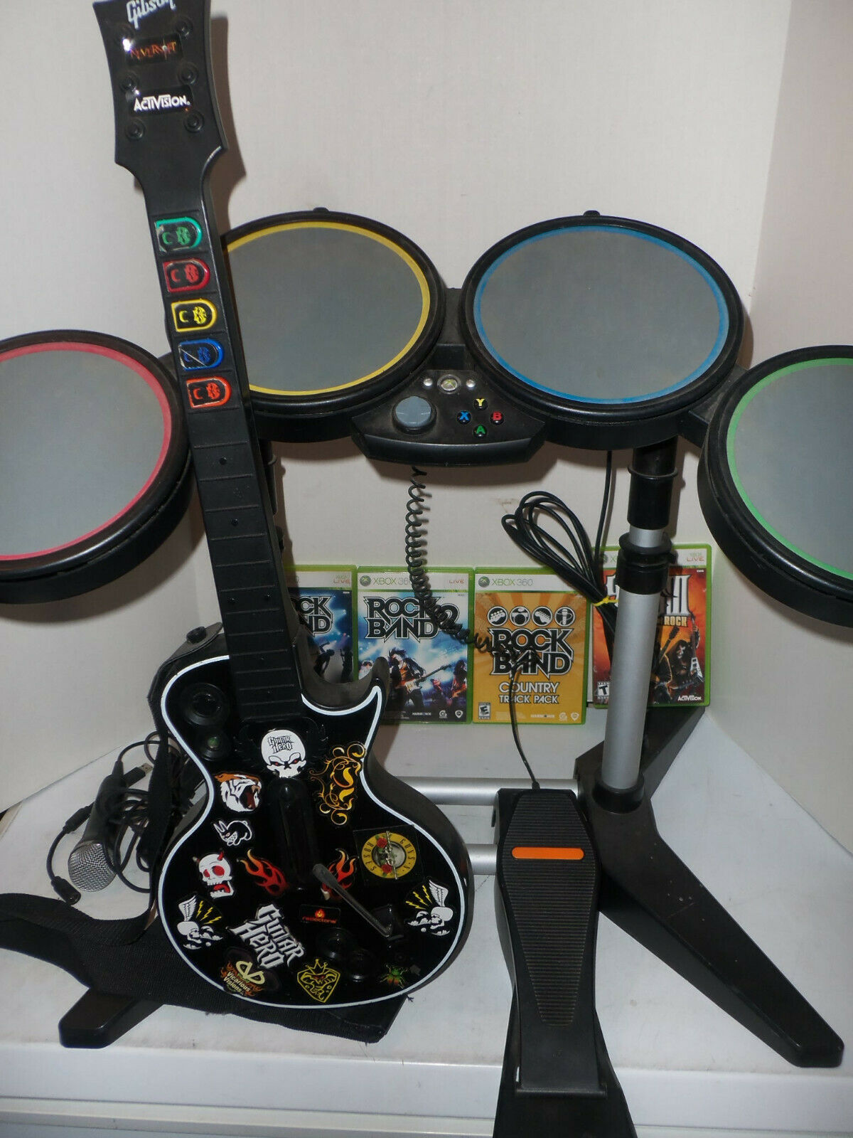 Xbox 360 Rock Band Guitar Hero Bundle 4 Games Drums Sticks Guitar