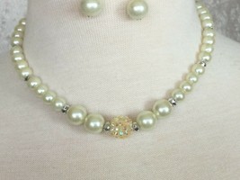 6mm to 12mm Cream White Pearl with Shamballa Bead Earrings & Necklace Set - $12.50