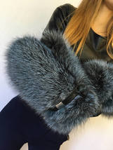 Toned Blue Frost Fox Fur Mittens with Leather Gloves Regular Women's Size image 5