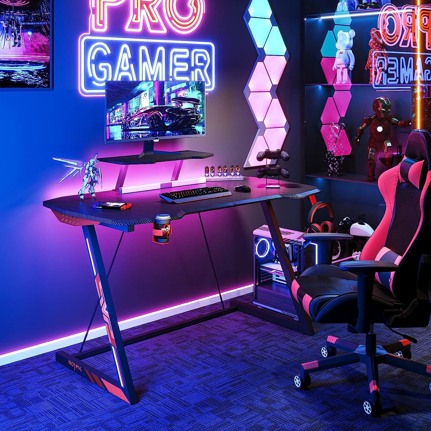 MOTPK Gaming Desk with LED Lights, Small Gaming Table Desk 39 inch Z