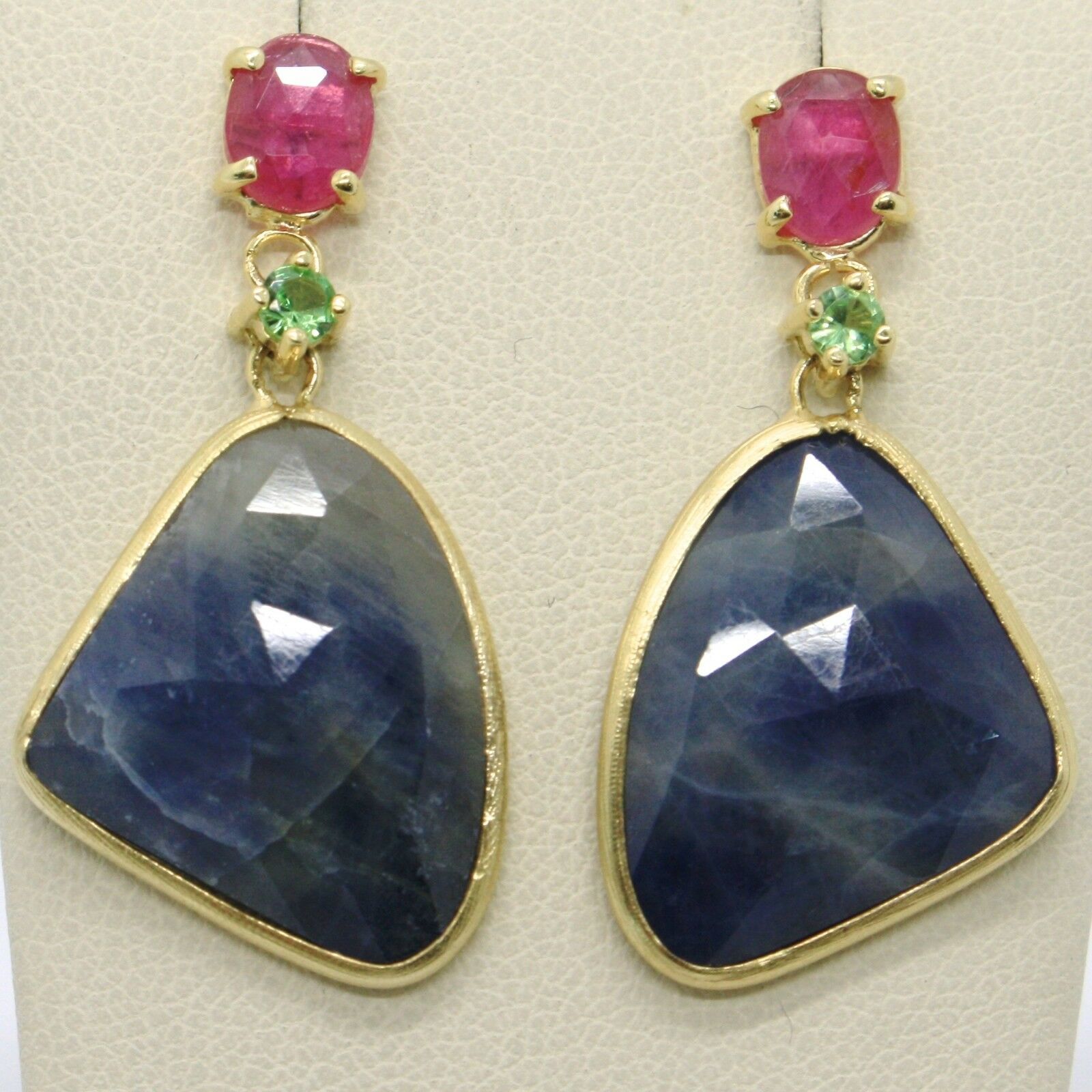 Primary image for 9K YELLOW GOLD PENDANT EARRINGS, DROP BLUE & OVAL PINK SAPPHIRE, GREEN PERIDOT