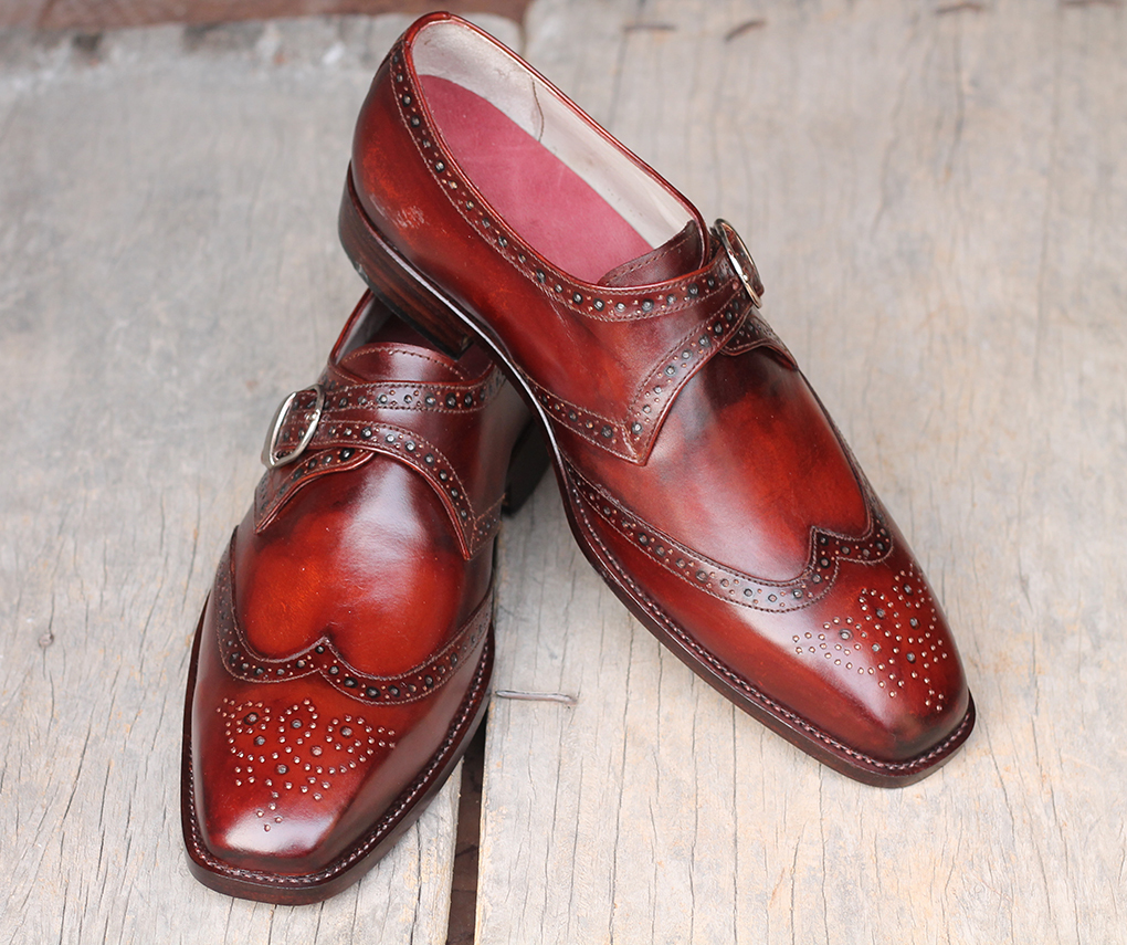 Handmade Men's Burgundy Leather Dress Shoes, Men Monk Strap Wing Tip Shoes