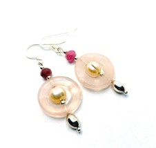 Rose Quartz Earrings, Beaded Pink Pearl & Tourmaline 925 Silver Drop Earrings - $65.00