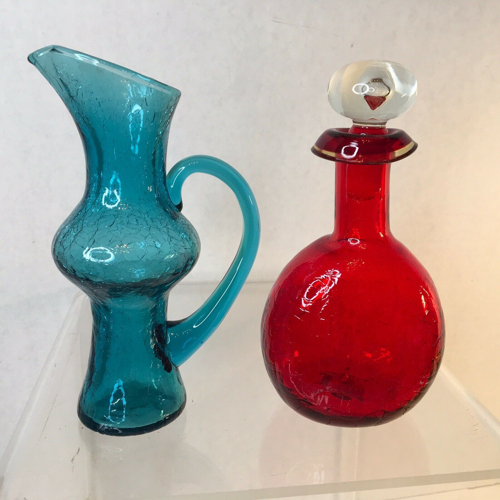 Vintage Rainbow Art Glass Red Crackle Decanter With Stopper + Small Blue Pitcher Other North