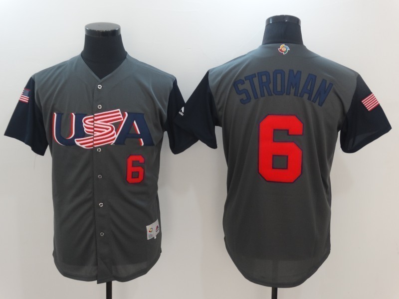 Men's USA World Baseball Classic 6 Marcus Stroman Jerseys Grey Sewn on