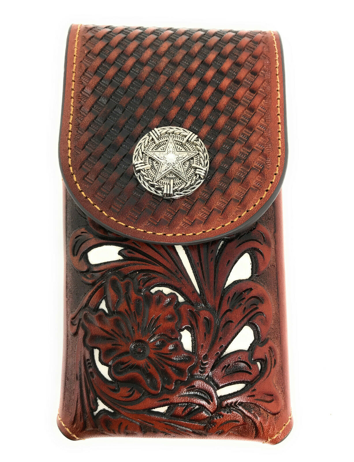 Western Cowboy Tooled Floral Leather Lone Star Medium Cell Phone