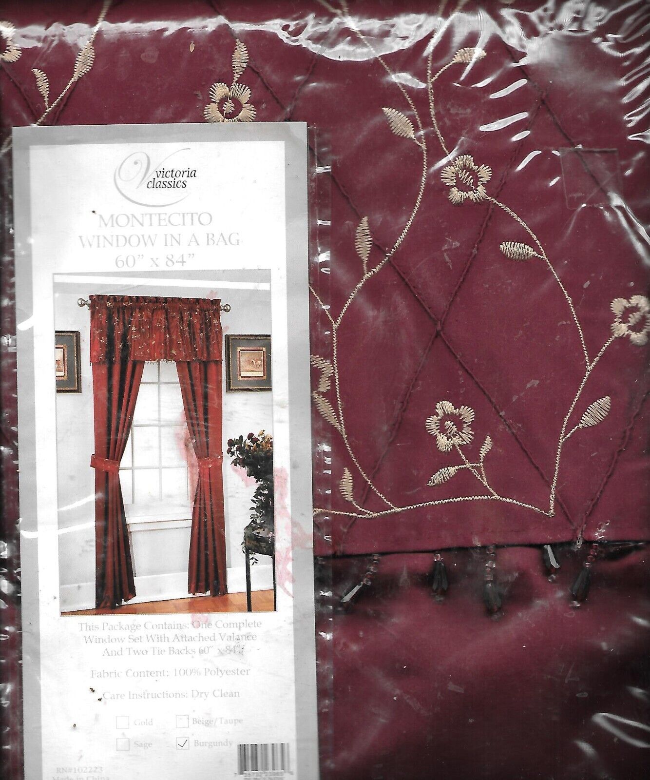 Primary image for Victoria Classics Window in a Bag - Burgundy/Gold w/Bead Tassles 60 x 84 -NIP