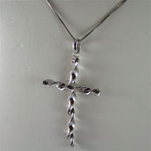 .925 RHODIUM SILVER NECKLACE, TWISTED CHRISTIAN CROSS, FACETED ZIRCONIA. image 3