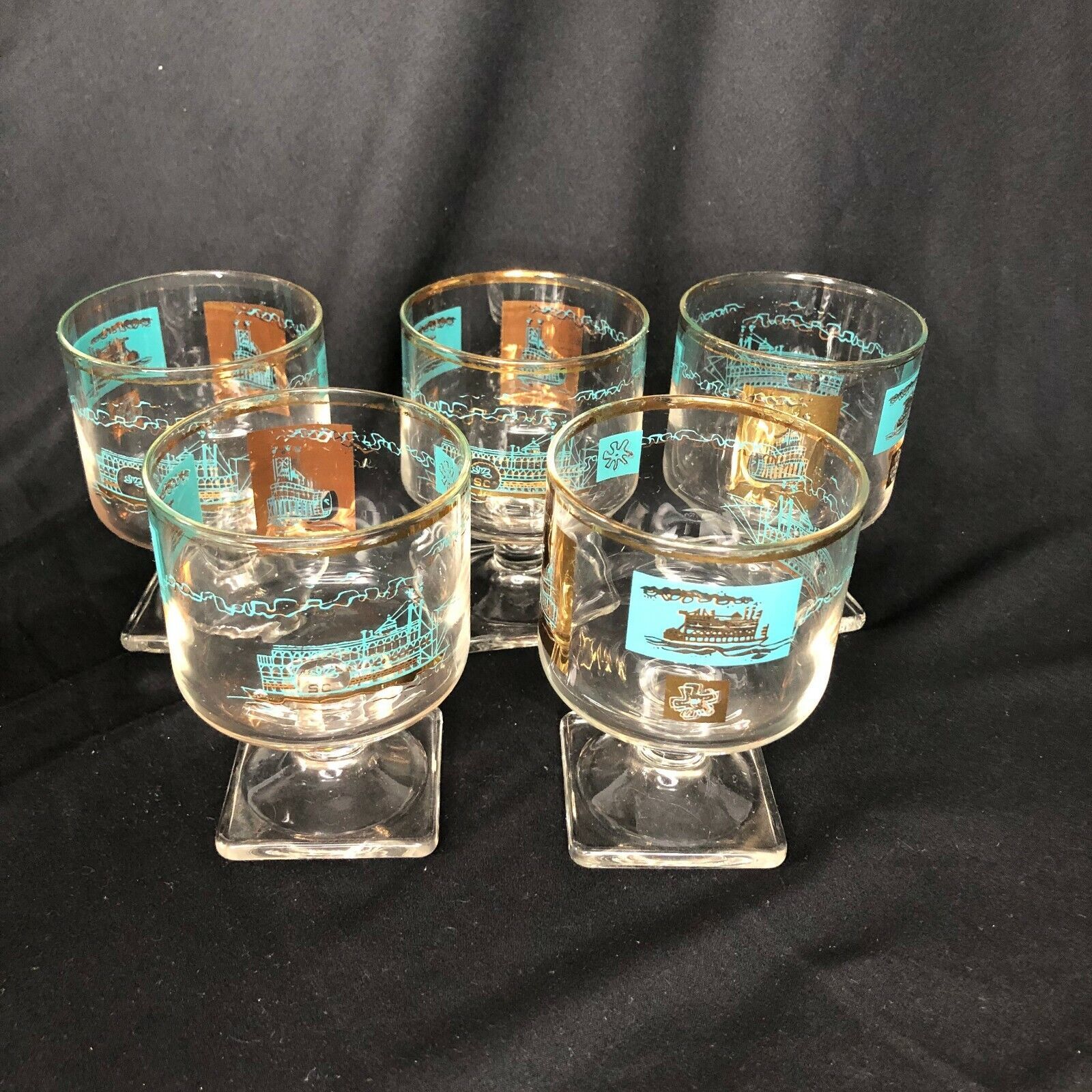 Vintage Libbey Drinking Glasses Steamboat Blue Gold Southern Comfort Set of 5 Drinkware
