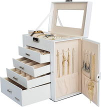 Homde Synthetic Leather Huge Jewelry Box Mirrored Watch Organizer White  - $75.49