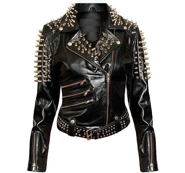 Woman Plain Black Studded Leather Jacket Spike Belted Studs Zipper Brando Pocket