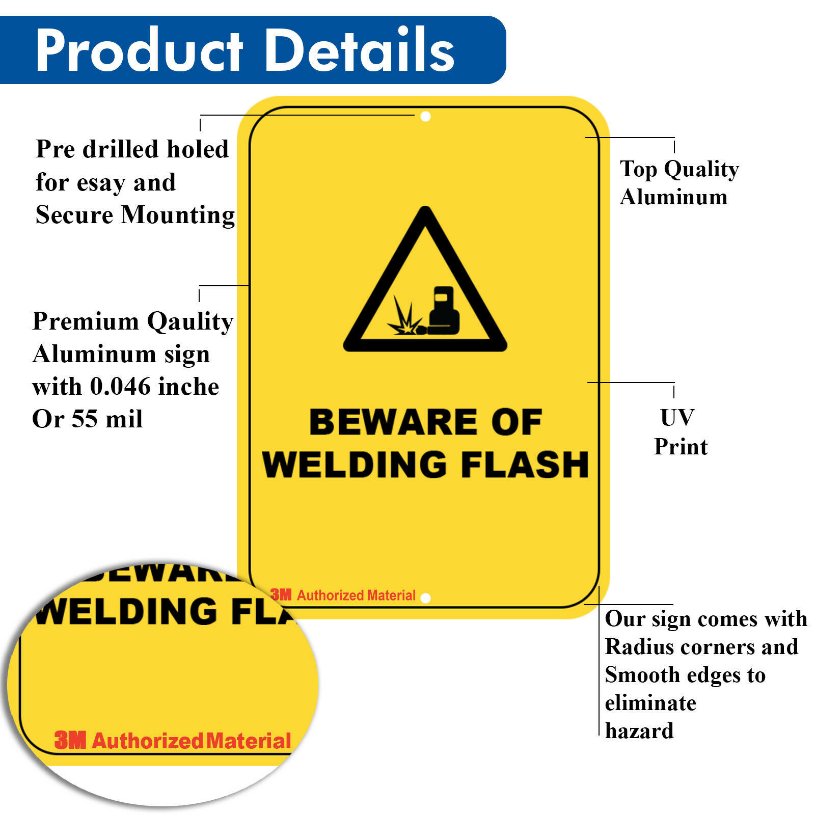 Beware Of Welding Flash Warning Sign, Metal Aluminium Health Safety