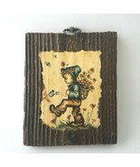 Hummel Boy Flower Basket On Back Wooden Plaque Wood Wall Hanging Vintage... - $11.14