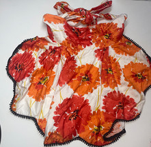 Vintage Handmade Apron W/ Black Lace Ribbon Tie Waist Red Orange Poppies - $10.39