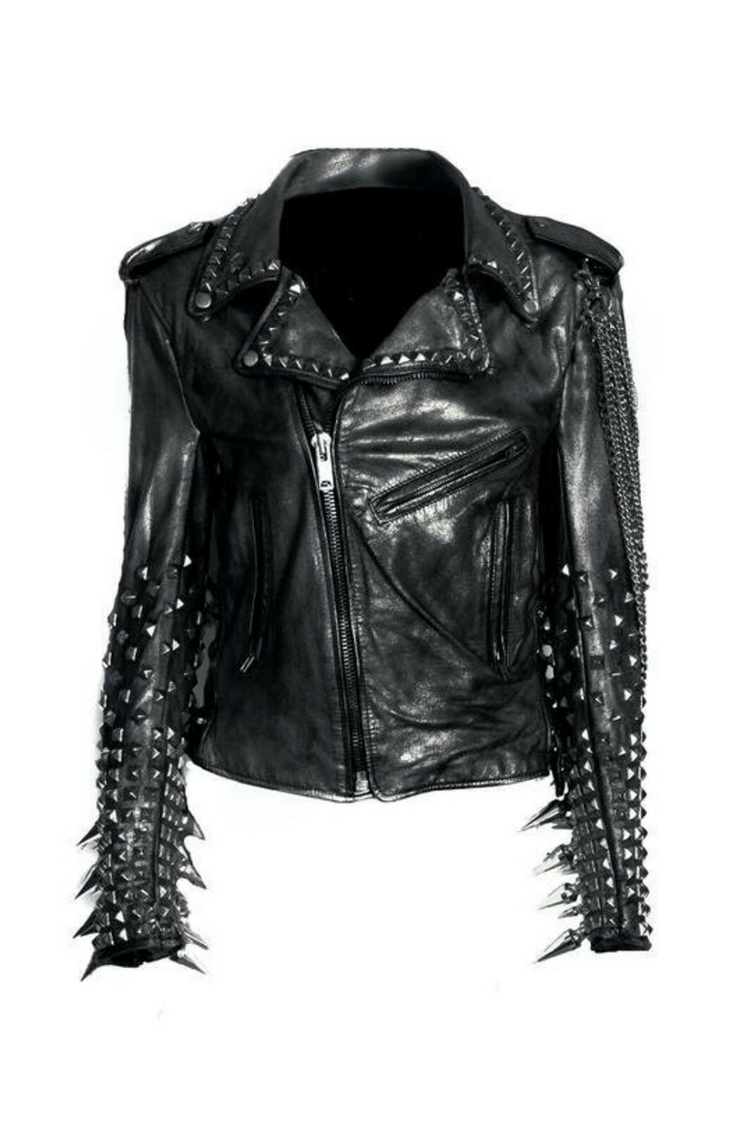 Men's Black Silver Studded Punk Long Spikes Chain Style Genuine Leather ...