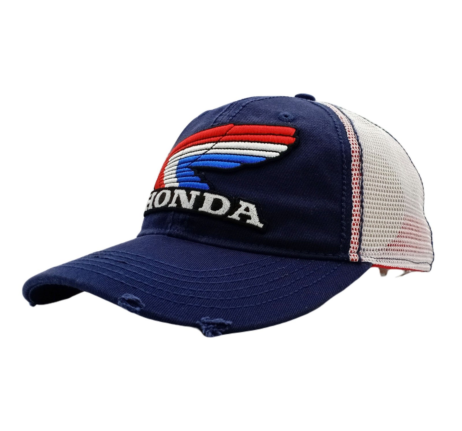 HONDA Cap Blue Snapback Distressed Tricolour Wing Breathable