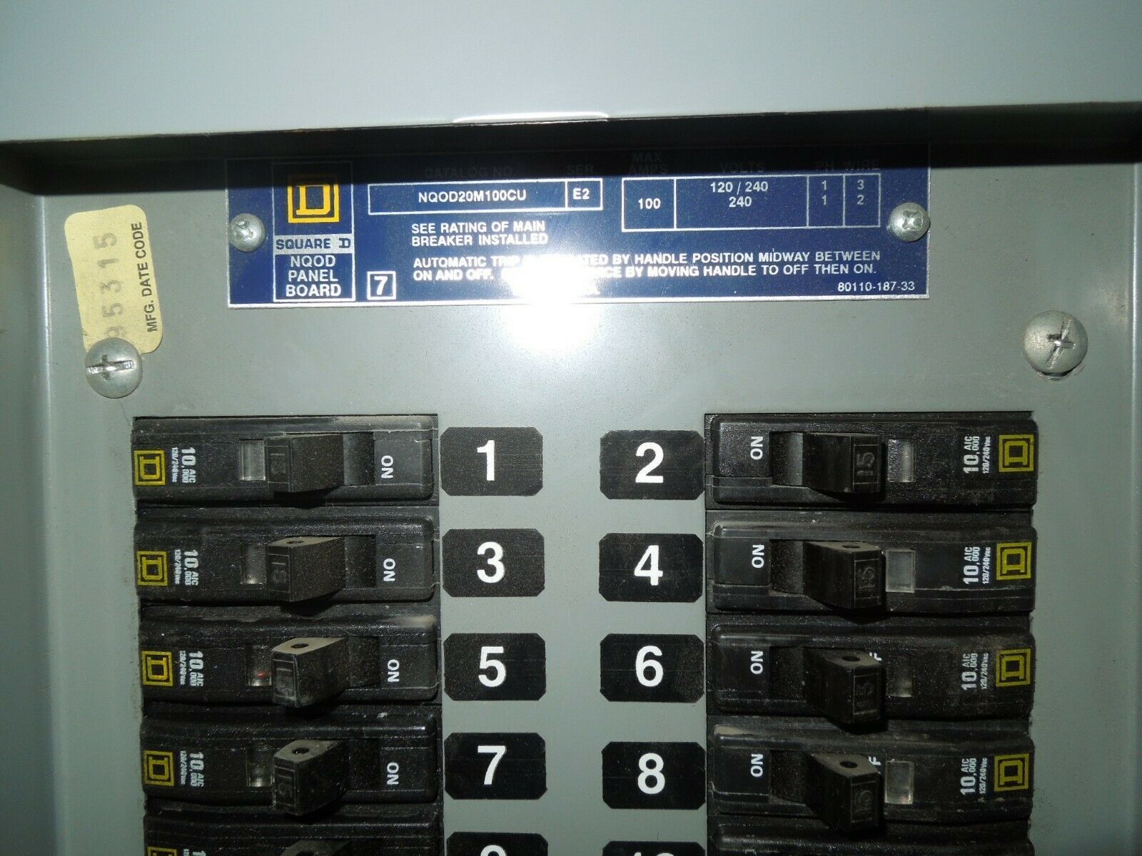 Square D Model 6 NQOD 100A 1ph 120/240V Main Breaker Panel w/ 2015A 1p