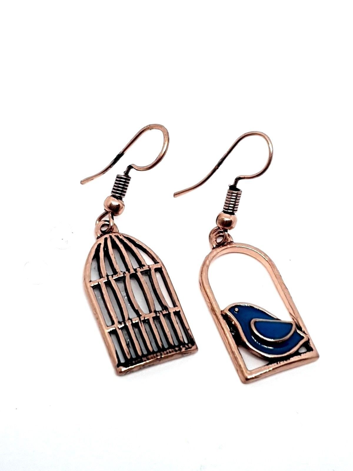 Bird Cage Earrings Blue Enamel Rose Gold Plated Quality UK SELLER