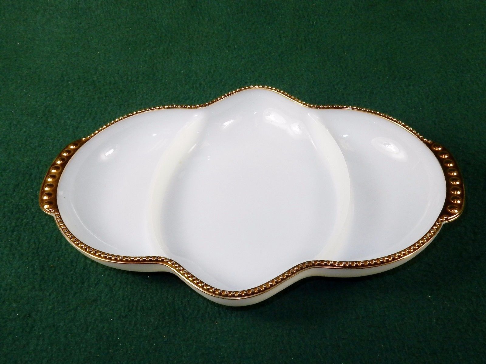 Milk Glass Relish Tray, 3 Sections Hobnail Gold Rim, Anchor Hocking