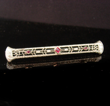 Antique Brooch / Art deco pin / silver filigree brooch / ruby pink stone... - $95.00