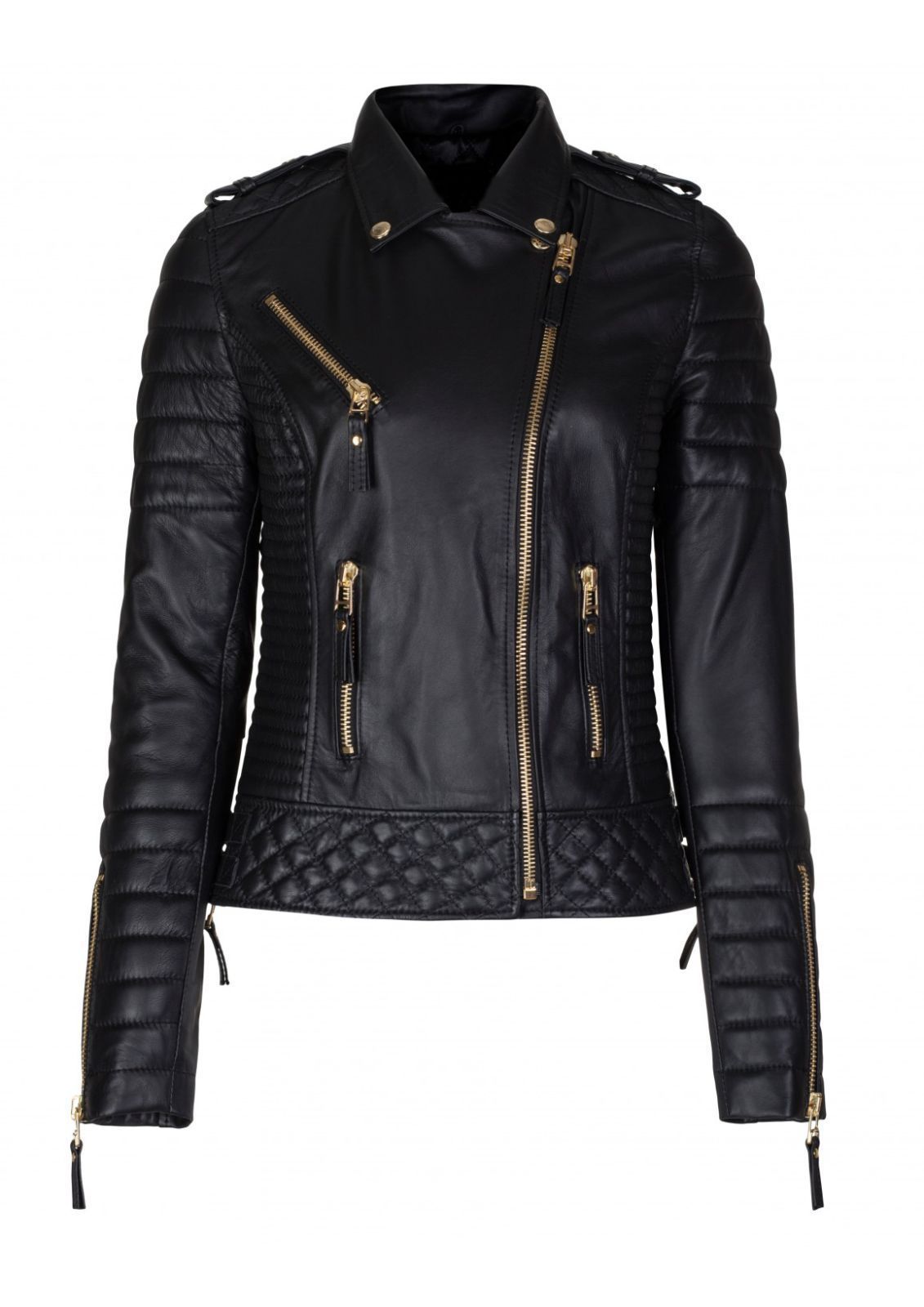 Image of New Black Leather Jacket Women Quilted Biker Motorcycle Slim Fit All Size