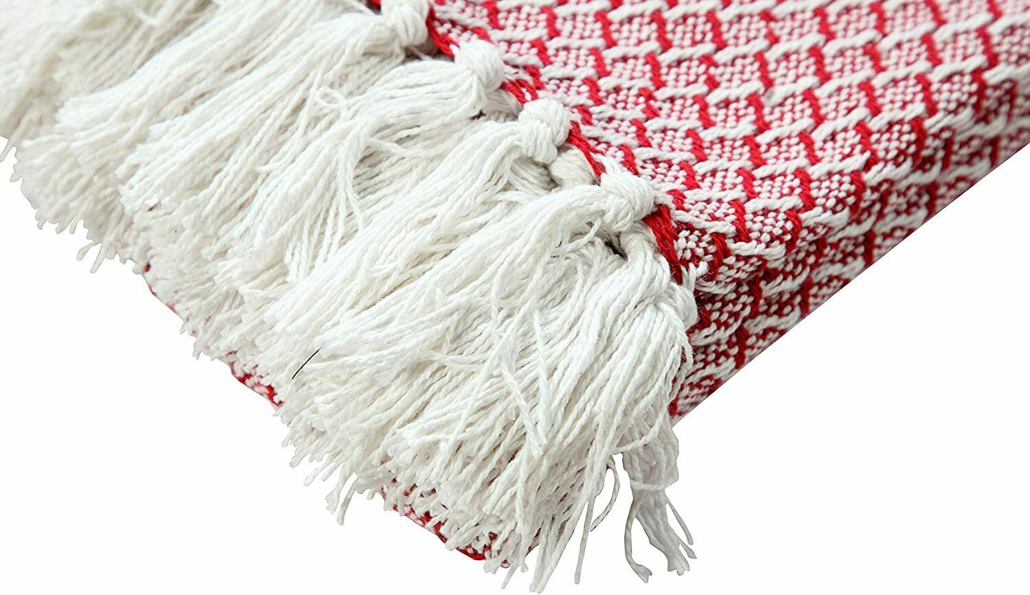 Fringe Blanket Throw Red Combed Cotton Knit 50" x 60" Luxury Decor