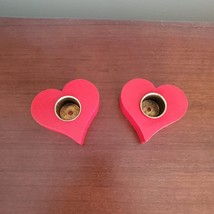 Red Heart shaped Candle Holders, painted wood, set of 2 candleholders, preowned image 2