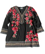 NEW JM Collection Joy Mangano Womens Medium Floral Top Black Bar Tunic S... - $34.64