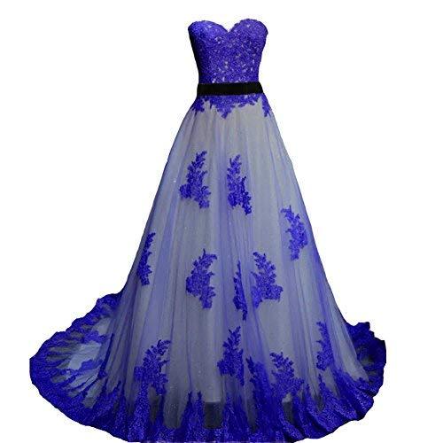 Royal Blue Lace Long A Line Sweetheart White Prom Dress Wedding Gown US 2