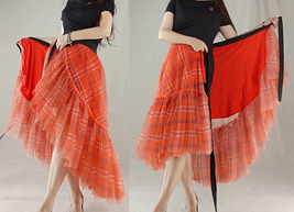 Women High Waist Wrap Tulle Skirt Outfit Orange Plaid Midi Tulle Skirt Plus image 4