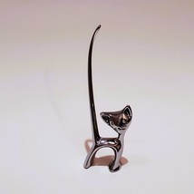 Cat Ring Holder, Silver tone, Rhinestone Eyes, Long Tail Kitten Figurine, Gift