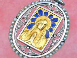 ANTIQUE DIAMOND BLUE PLIQUE-A-JOUR PRAYING VIRGIN MARY RELIGIOUS PENDANT... - £998.09 GBP