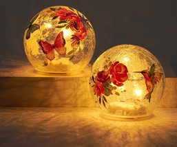 Butterfly Hummingbird Orbs Crackle Glass Lighted Set of 2 LED Soft Glow Floral image 2
