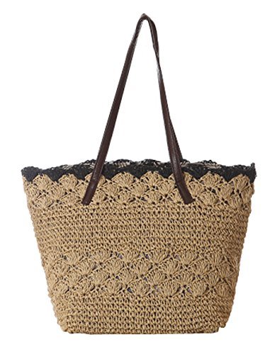 Chic Straw Bag with Black Lace Trim Large Capacity Beach Should Bag