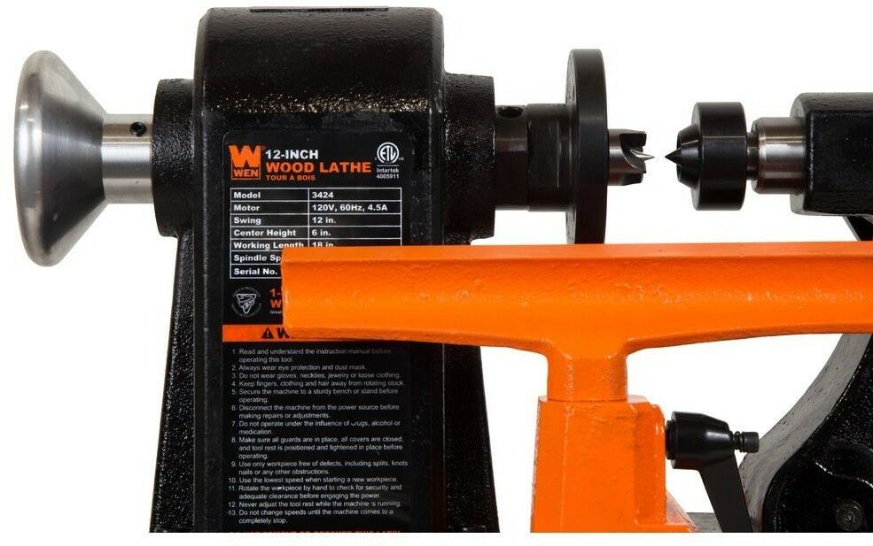 WEN Wood Lathe 4.5 Amp Motor 5 Different Speed Headstock Spur Center
