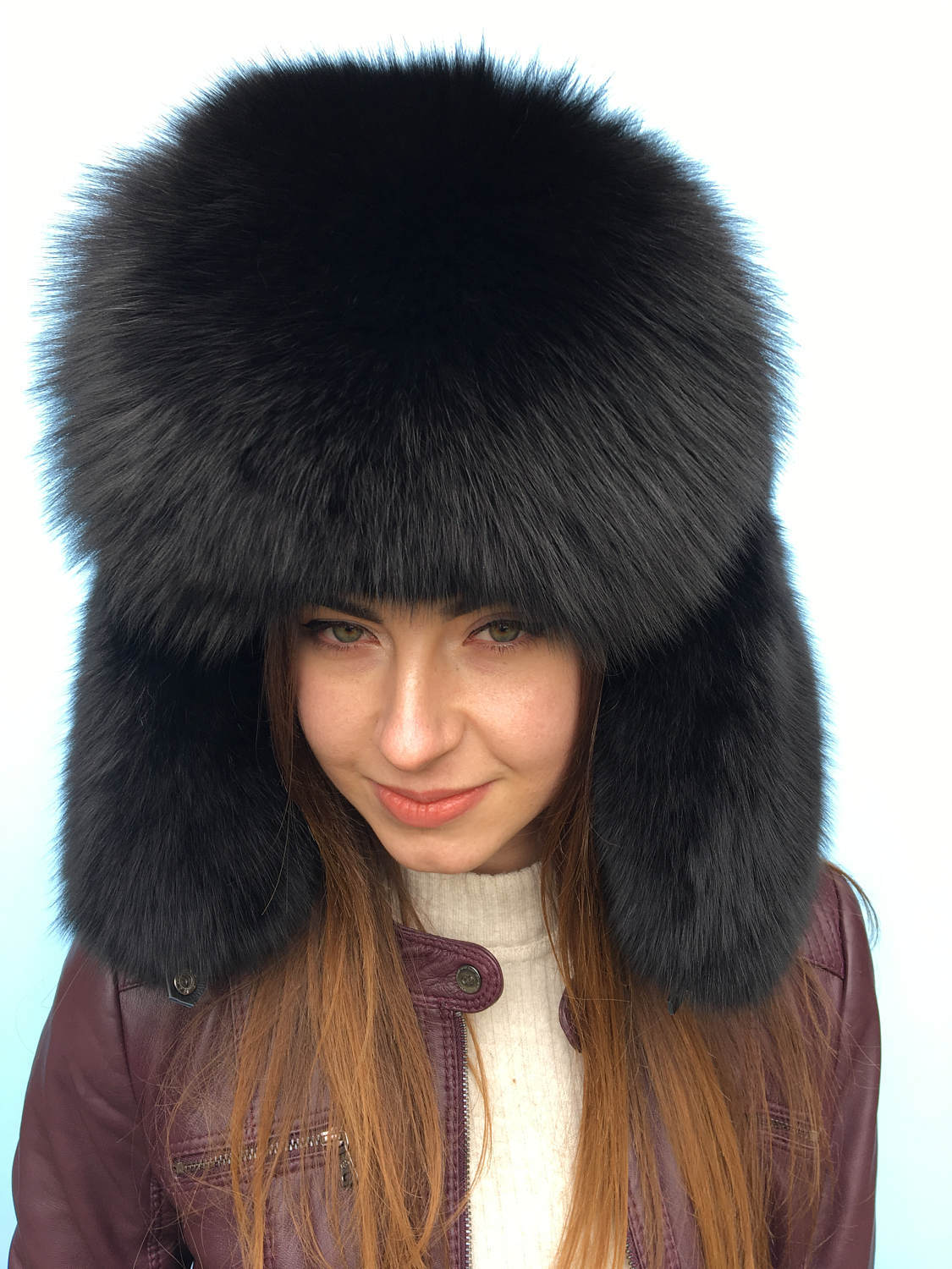 Jet Black Fox Fur Hat Full Ushanka Hat Adjustable Saga Furs Black Fur