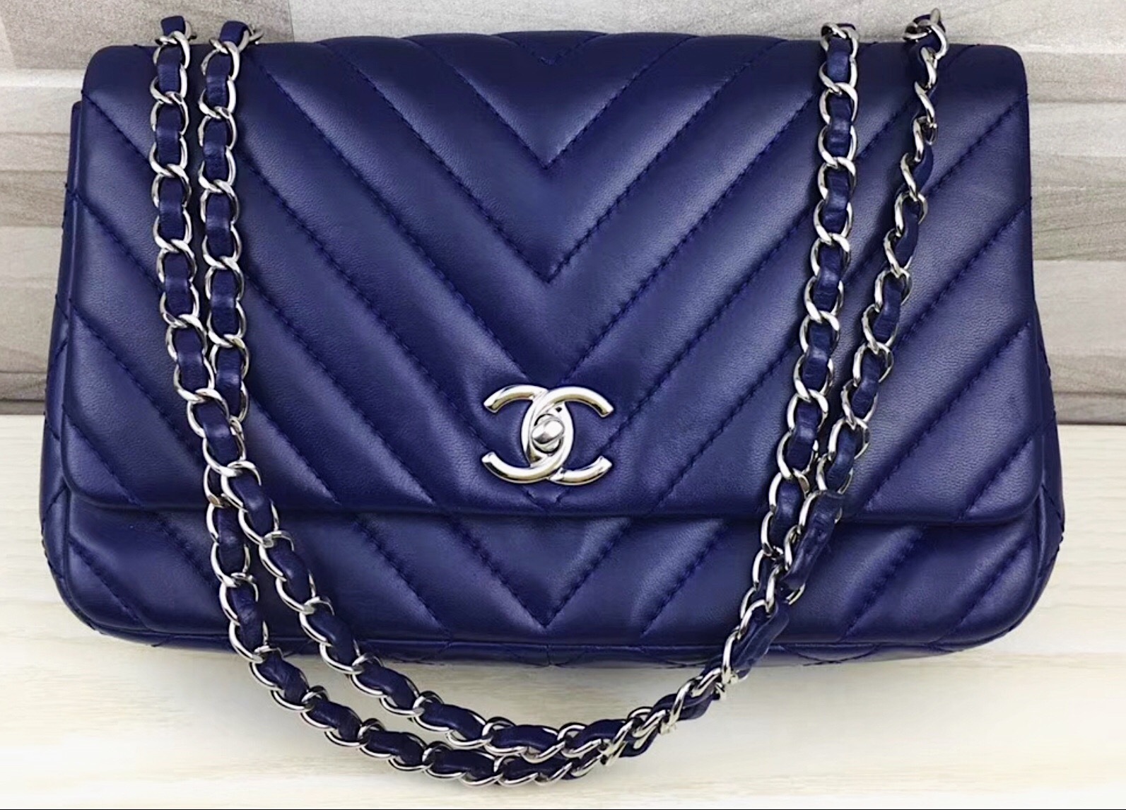 Authentic Chanel Royal Blue Chevron Quilted Lambskin Medium Classic ...