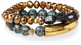 Gemelli Gold Tone Boho Turquoise & Brown Agate Austrian Crystal Beaded Bracelet