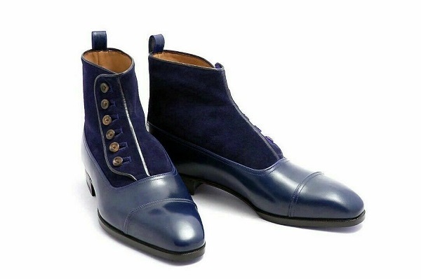 Men Navy Blue Color High Ankle Derby Cap Toe Suede Genuine Leather Button Boots
