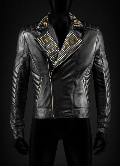 New Versace Golden Silver Studded Men's Black Cowhide Leather Jacket