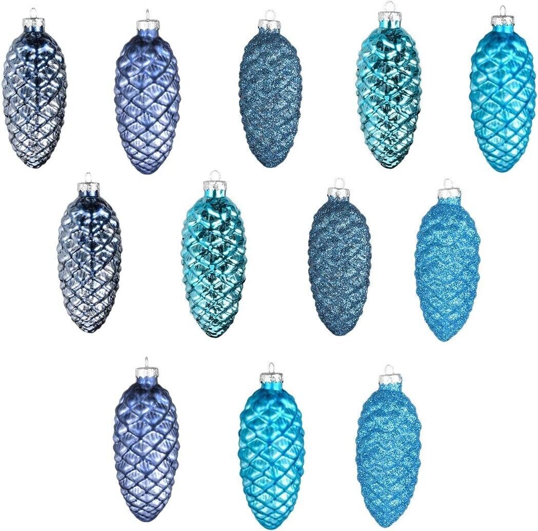 Glass Christmas Decorations- Set of 12 Hanging Pine Cone Painted Glass Ornaments