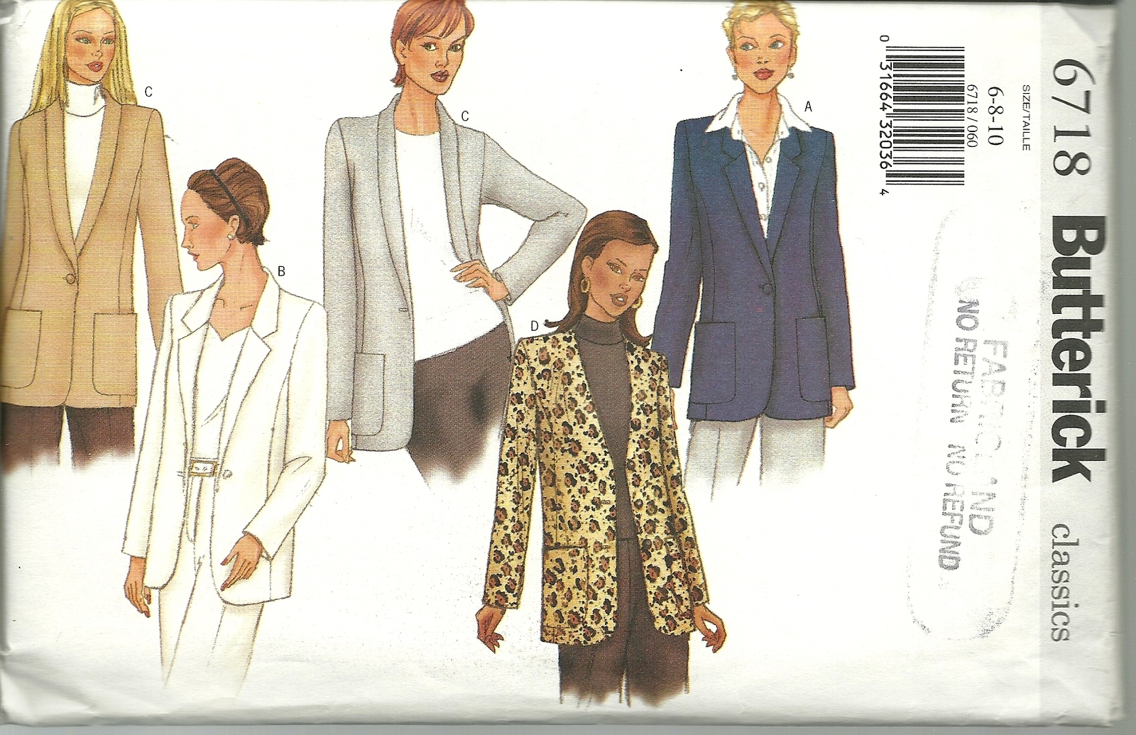 Butterick Sewing Pattern 6718 Misses Women's Blazer Jacket Size 6 8 10
