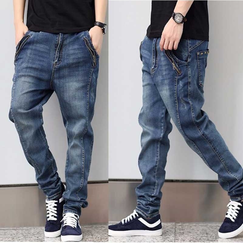 Fashion Jeans Men Baggy Harem Jeans Plus size Stretchy Drop Crotch Men Ripped De
