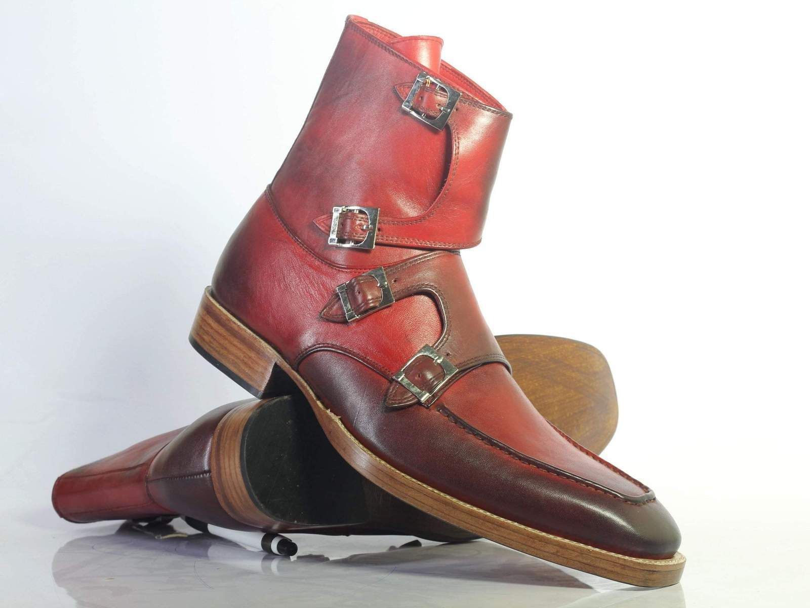 Handmade Men's Burgundy Leather Quad Buckle Boots, Men Ankle Boot, Designer Boot