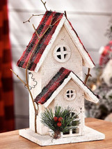 Christmas House Statue 11" High White Wood Two Level Pine Needles Red Berries image 2
