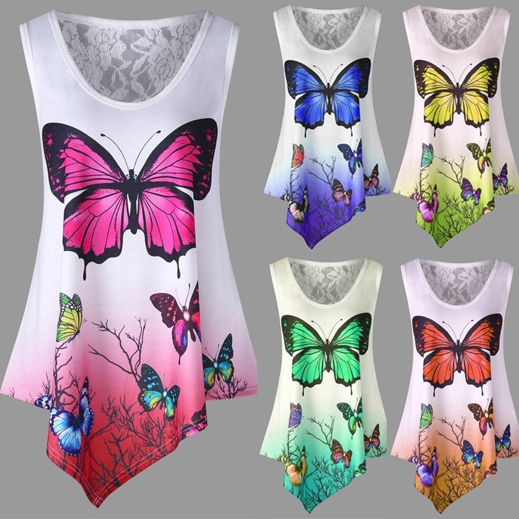 Asymmetrical Butterfly Print Ombre Color Tank Top