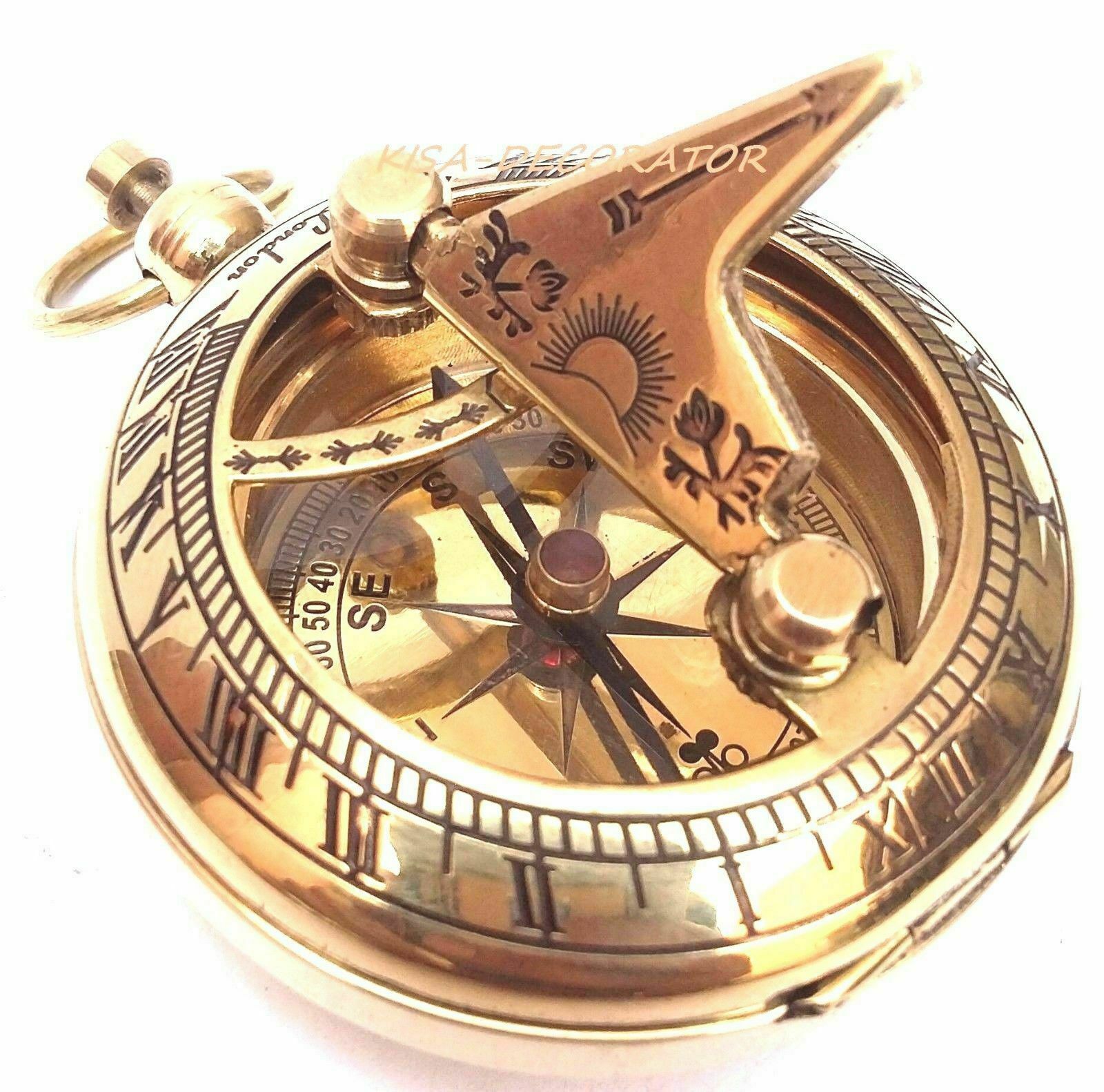 Lot Of 3 Collectible Vintage Maritime Brass Push Button Sundial Pocket Compass 
