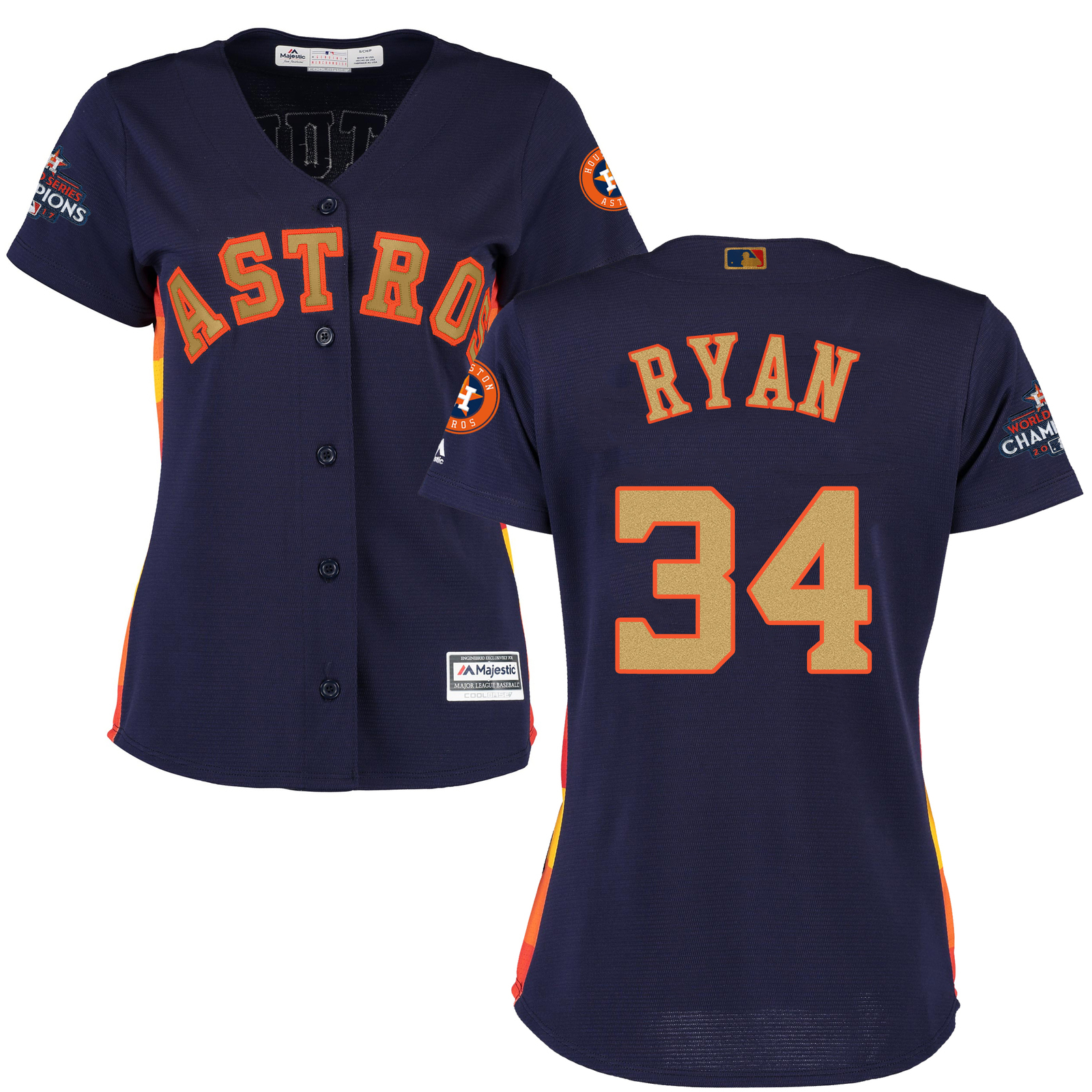 Women's Houston Astros 34 Nolan Ryan Jersey Sewn on Champions Gold