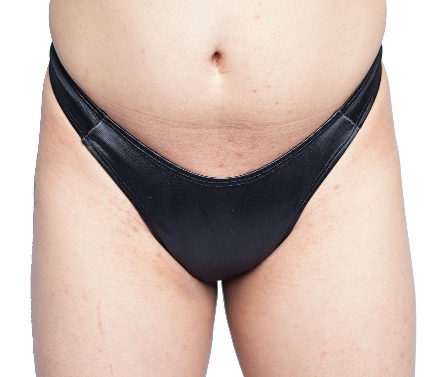 Our uniquely styled thong gaff panty in SHINY BLACK "SATIN" is th...