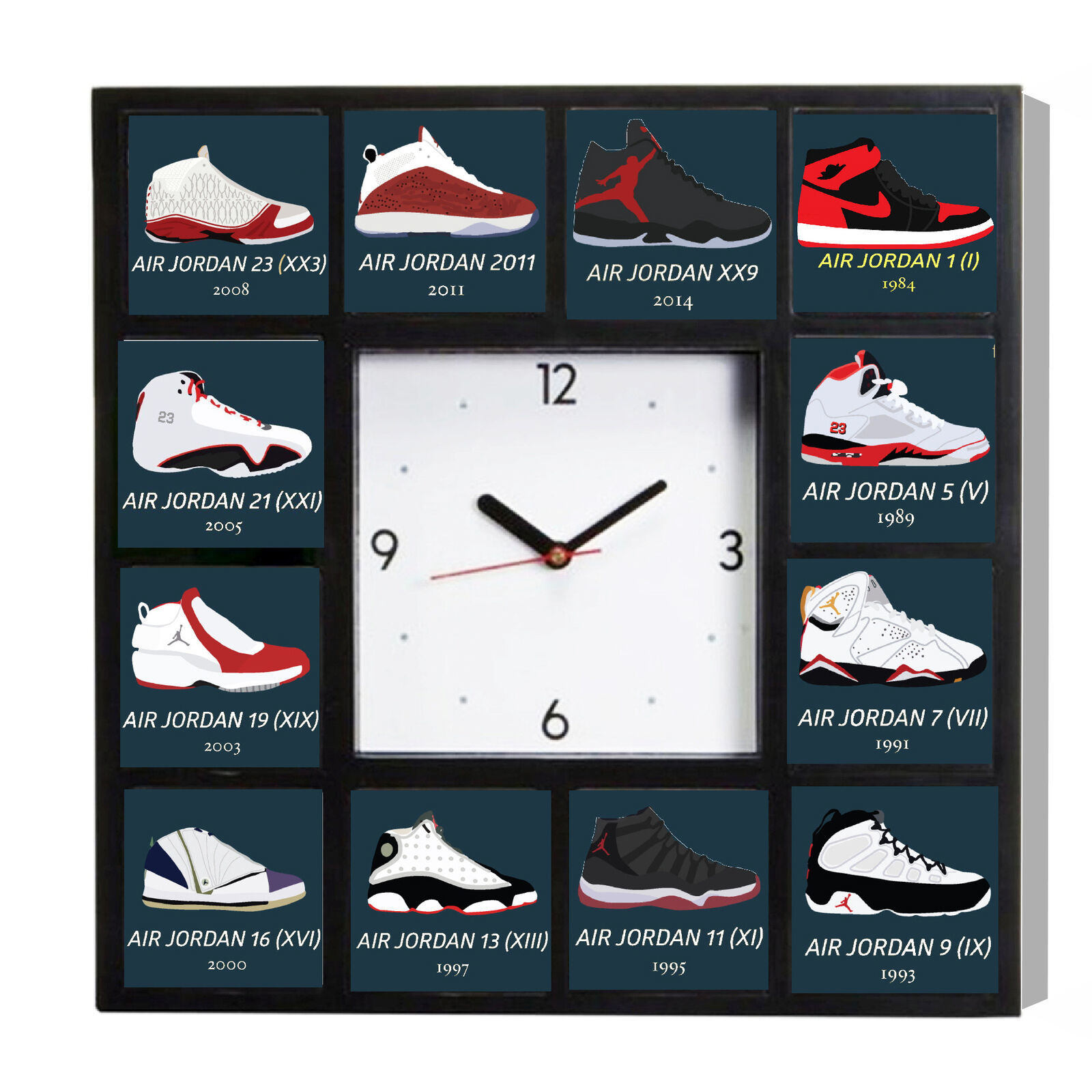 Sneakerhead Air Jordans 1 11 21 5 and more Shoes History Clock with 12